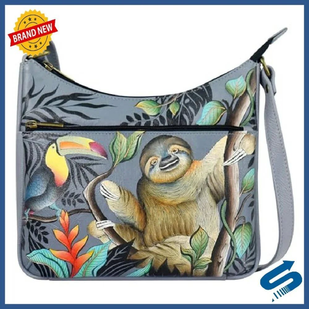 Genuine Leather Hand-Painted Crossbody Bag with Multiple Pockets - Picture 2 of 6